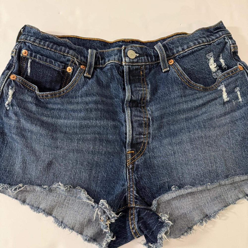 Levis 501 Original High Waisted Cut Off Denim Shorts Dark Wash Blue W32